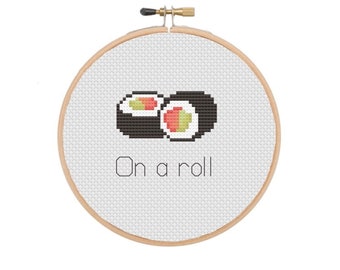On A Roll, Completed Cross Stitch, Funny Gift, Sushi Roll, Food, Punny, Food Pun, Unique, Modern Embroidery, Cross Stitch Hoop
