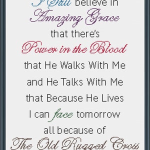 Puede incluir: Un dise&ntilde;o de punto de cruz enmarcado con la letra del himno "Amazing Grace". El texto est&aacute; en letra cursiva y en varios colores, incluyendo azul, morado, rojo, verde y marr&oacute;n.