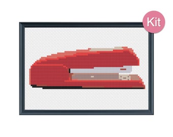 Cross Stitch Kit - Red Stapler, Office Decoration, Unique Home Decor, Modern Embroidery, DIY Gift Idea