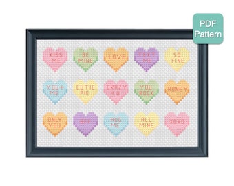 Patrón de punto de cruz: corazones conversacionales, día de San Valentín, idea de regalo divertida, decoración única para el hogar, bordado moderno, DESCARGA INSTANTÁNEA