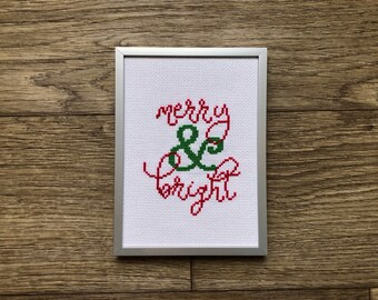 Cross Stitch Kit -  Merry and Bright, Christmas, Holiday, Winter, DIY craft, Unique Home Decor, Modern Embroidery