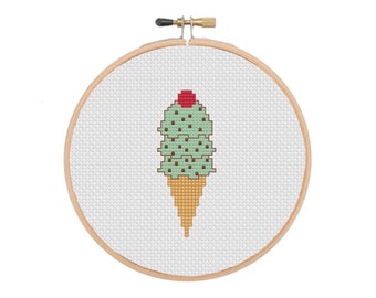 Cross Stitch Pattern - Mint Chocolate Chip Ice Cream Cone, Summer, DIY, For Beginners, Unique, Modern Embroidery, INSTANT DOWNLOAD