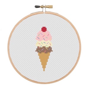 Cross Stitch Kit - Three Scoop Ice Cream Cone, DIY Craft, Unique Home Decor, Modern Embroidery, Learn to Cross Stitch for Beginners, Summer