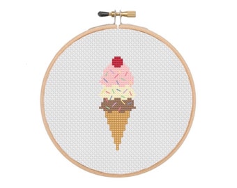 Cross Stitch Kit - Three Scoop Ice Cream Cone, DIY Craft, Unique Home Decor, Modern Embroidery, Learn to Cross Stitch for Beginners, Summer