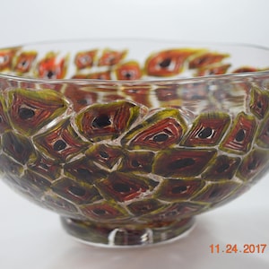 Handblown glass bowl of red-brown murrini