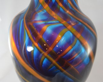 Handblown glass vase in aqua, gold, and amethyst spiraling stripes