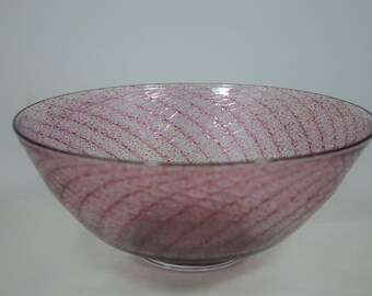 Handblown cranberry and strawberry glass bowl with herringbone pattern