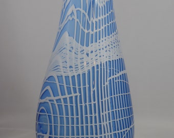 Substantial handblown aquamarine glass teardrop vase with irregular white stripe pattern