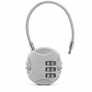 May include: A silver-coloured circular combination padlock featuring a flexible braided steel cable loop. The lock body displays three rotating number dials currently set to the sequence 1-0-9, with a metallic finish and a notched outer edge.
