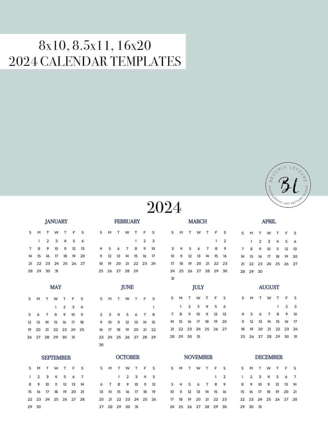 2024 8x10 8.5x11 16x20 Calendar Calendar Template - Etsy