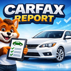 Puede incluir: Ilustración de un zorro de dibujos animados sosteniendo una tableta que muestra un icono de coche y marcas de verificación, con el texto "CARFAX REPORT" sobre un sedán blanco sobre un fondo azul.
