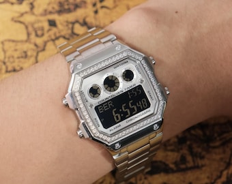 Custom "Polar Negative" Modified Watch, Base on Casio AE1300,Stainless Steel Diamond Case , Digital World Time,New in Box,By ForgetimeStudio