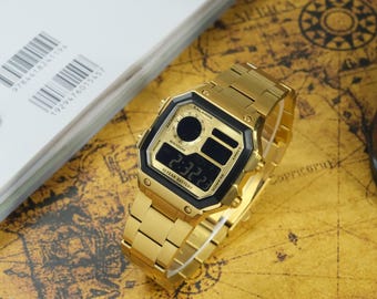 Custom Royale mod "Dark Golden" modifizierte Uhr, Basis auf Casio AE1200,316L Edelstahl-Goldgehäuse und Soild-Uhrenarmbändern,