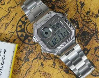 Custom Royale mod "Shining Stars" modifizierte Uhr, Basis auf Casio AE1200,316L Edelstahl Silbergehäuse und Soild Uhrenarmbändern,