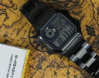 Custom Royale mod "Dark Snake" modifizierte Uhr, Basis auf Casio AE1200,316L Edelstahlschwarzes Gehäuse und Soild Uhrenarmbändern,