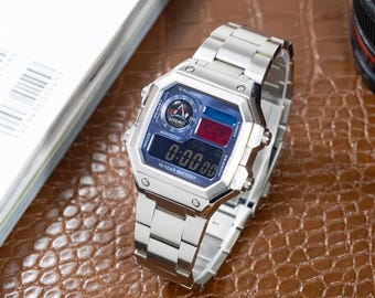 Custom Royale mod "Earth Navy" modifizierte Uhr, Basis auf Casio AE1200,316L Edelstahl Silbergehäuse, Monduhr