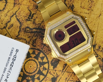 Kundenspezifische Royale mod ""Golden Blood"" modifizierte Uhr, Basis auf Casio AE1200,316L Edelstahl-Goldgehäuse und soliden Uhrenarmbändern,