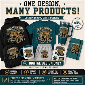 Puede incluir: Una colección de artículos de espíritu escolar con un gráfico de mascota jaguar y el texto JAGUARS, GO JAGUARS y TEAM SPIRIT. Los artículos incluyen una sudadera negra, una camiseta verde azulado, pantalones cortos grises, una taza, un cuaderno y pegatinas.