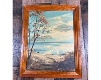 Vintage oljemålning med kustlandskap i Eriesjön från 1980, signerad, inramad, 15x12