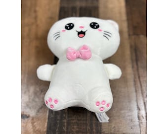 Specialty Toys Direct White Cat Plush Pink Bow Embroidered Face Stuffed Animal