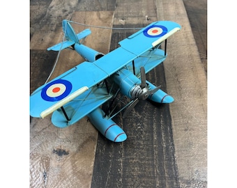 Vintage Metal Seaplane Biplane Model Blue Military Style Propeller Floatplane