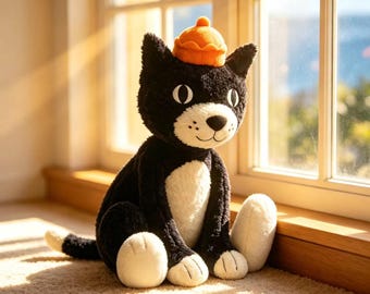 Black White Cat Plush Toy - Pumpkin Hat Stuffed Animal | Large Soft Plush Gift Decor