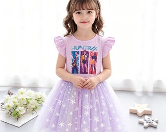 KPOP Girls Princess Dress Summer Short Sleeve Tulle Skirt with HUNTRIX Characters - Kids Fashion Outfit in White, Pink, Blue, and Violet