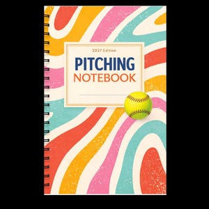 May include: Spiral-bound notebook with a colorful, retro design. The cover features the text "PITCHING NOTEBOOK" in blue and orange, with a softball graphic. The notebook is the 2027 edition.