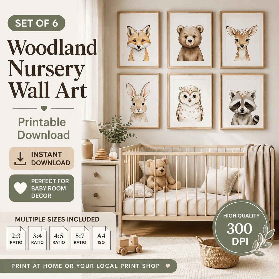 Set of 6 Woodland Animals Nursery Wall Art, Neutral Baby Room Decor ...