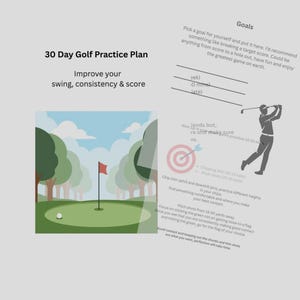 Puede incluir: Un plan de práctica de golf con el texto "30 Day Golf Practice Plan" y "Improve your swing, consistency & score." La imagen incluye una ilustración de campo de golf y un diagrama con objetivos y consejos.