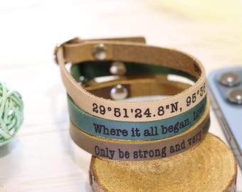 FREE SHIPPING-Personalized Leather Coordinate Bracelet, Engraved Custom Message Band