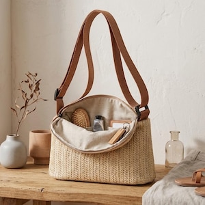 Petit sac à bandoulière en paille tressée, sac à main d'été bohème à bandoulière réglable