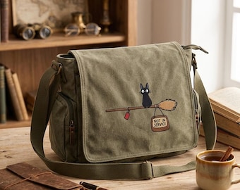 Borsa a tracolla in tela Kiki's Delivery Service: borsa per laptop in stile anime Jiji Cat
