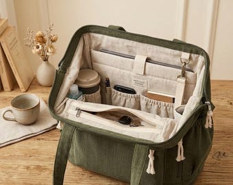 Borsa tote grande in velluto a coste: borsa a tracolla organizer per laptop da lavoro, ideale per i pendolari.