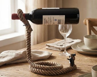 Soporte para botellas de vino con cuerda, soporte con efecto de flotación, decoración de bar con figura de conejo