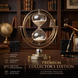 Puede incluir: Un reloj de arena de tono latón con marco giratorio y arena blanca, con el texto PREMIUM COLLECTOR'S EDITION, TIMELESS DESIGN, HEIRLOOM QUALITY, EXECUTIVE OFFICE DECOR y LUXURY GIFT SELECTION impreso en la parte inferior de la imagen.
