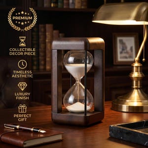 May include: A rectangular hourglass with a dark brown wooden frame and clear glass bulbs containing white sand. The hourglass is positioned upright, featuring thin black vertical supports connecting the top and bottom wooden sections.