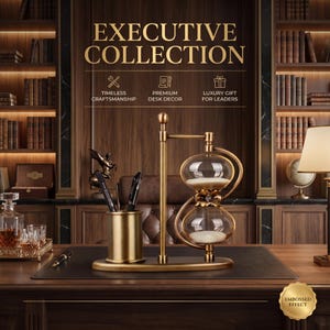 May include: A brass-toned desk organizer featuring a cylindrical pen holder and a rotating hourglass with white sand, mounted on an oval base. The text "EXECUTIVE COLLECTION" appears above, with icons and labels for craftsmanship, decor, and gifts.