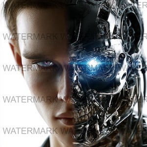 May include: A split image featuring a human face on one side and a robotic face on the other. The human side has fair skin and a blue eye. The robotic side is made of metallic components with a bright blue light.