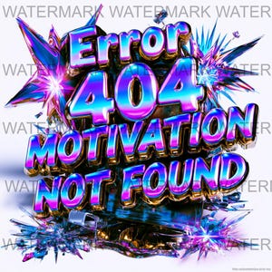 May include: A vibrant digital art piece with the text "Error 404 Motivation Not Found" in a 3D chrome effect. The text is in shades of blue, purple, and gold, with starburst and shattered glass elements.