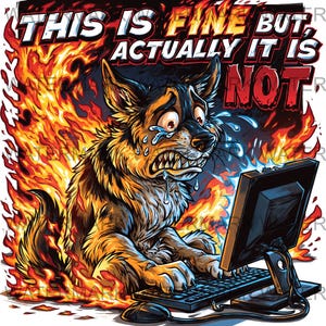 May include: A cartoon dog, looking stressed, sits at a computer with flames all around. The text above reads "THIS IS FINE BUT ACTUALLY IT IS NOT". The image is a humorous depiction of a difficult situation.