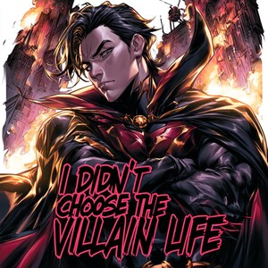 Peut inclure: Illustration de bande dessin&eacute;e d'un personnage en costume noir et rouge avec une cape. Le personnage a les cheveux noirs et une expression s&eacute;v&egrave;re. Le texte sur l'image se lit "I DIDN'T CHOOSE THE VILLAIN LIFE."