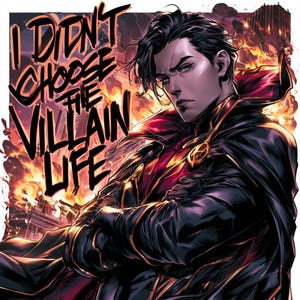 Peut inclure: Illustration de bande dessin&eacute;e d'une personne portant une cape noire et rouge avec le texte "I Didn't Choose The Villain Life." L'arri&egrave;re-plan pr&eacute;sente une sc&egrave;ne enflamm&eacute;e avec des b&acirc;timents. Le personnage a les cheveux noirs et une expression s&eacute;v&egrave;re.