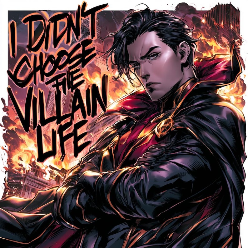 Peut inclure: Illustration de bande dessin&eacute;e d'une personne portant une cape noire et rouge avec le texte "I Didn't Choose The Villain Life." L'arri&egrave;re-plan pr&eacute;sente une sc&egrave;ne enflamm&eacute;e avec des b&acirc;timents. Le personnage a les cheveux noirs et une expression s&eacute;v&egrave;re.