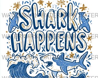 Zestaw 4 obrazów Shark Happens PNG | Pobieranie cyfrowe | Druk na żądanie