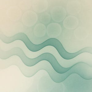 Puede incluir: Arte digital abstracto con un fondo degradado crema y verde azulado. Tres líneas onduladas en tonos verde azulado se superponen en la parte inferior de la imagen. Círculos suaves y borrosos dispersos en la parte superior derecha.