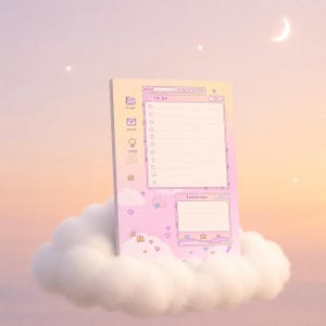 May include: A rectangular notepad with a pastel pink and yellow gradient background featuring a To Do list section, a Tomorrow section, and icons for plans, notes, and ideas. The design includes small crown, heart, and diamond illustrations.