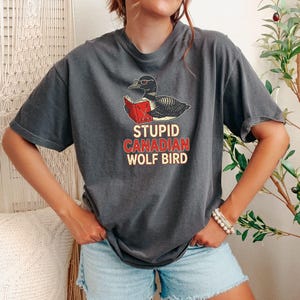 May include: Dark gray t-shirt featuring a cartoon loon wearing glasses and reading a book. The text "STUPID CANADIAN WOLF BIRD" is printed below the illustration in red and white. The shirt is made of a soft material.