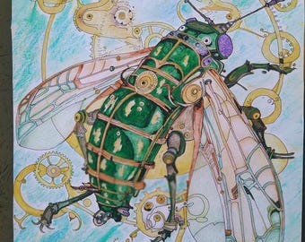 Steampunk Insect Drawing – Mechanical Bug Illustration – Detailed Fantasy Art – Original Artwork – One of a Kind