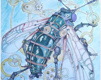 Steampunk Insect Drawing – Mechanical Bug Illustration – Detailed Fantasy Art – Original Artwork – One of a Kind